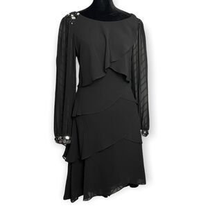 SLNY Long Sleeve Layered Ruffle Knee Length Dress Women's 10 Black Beaded NEW